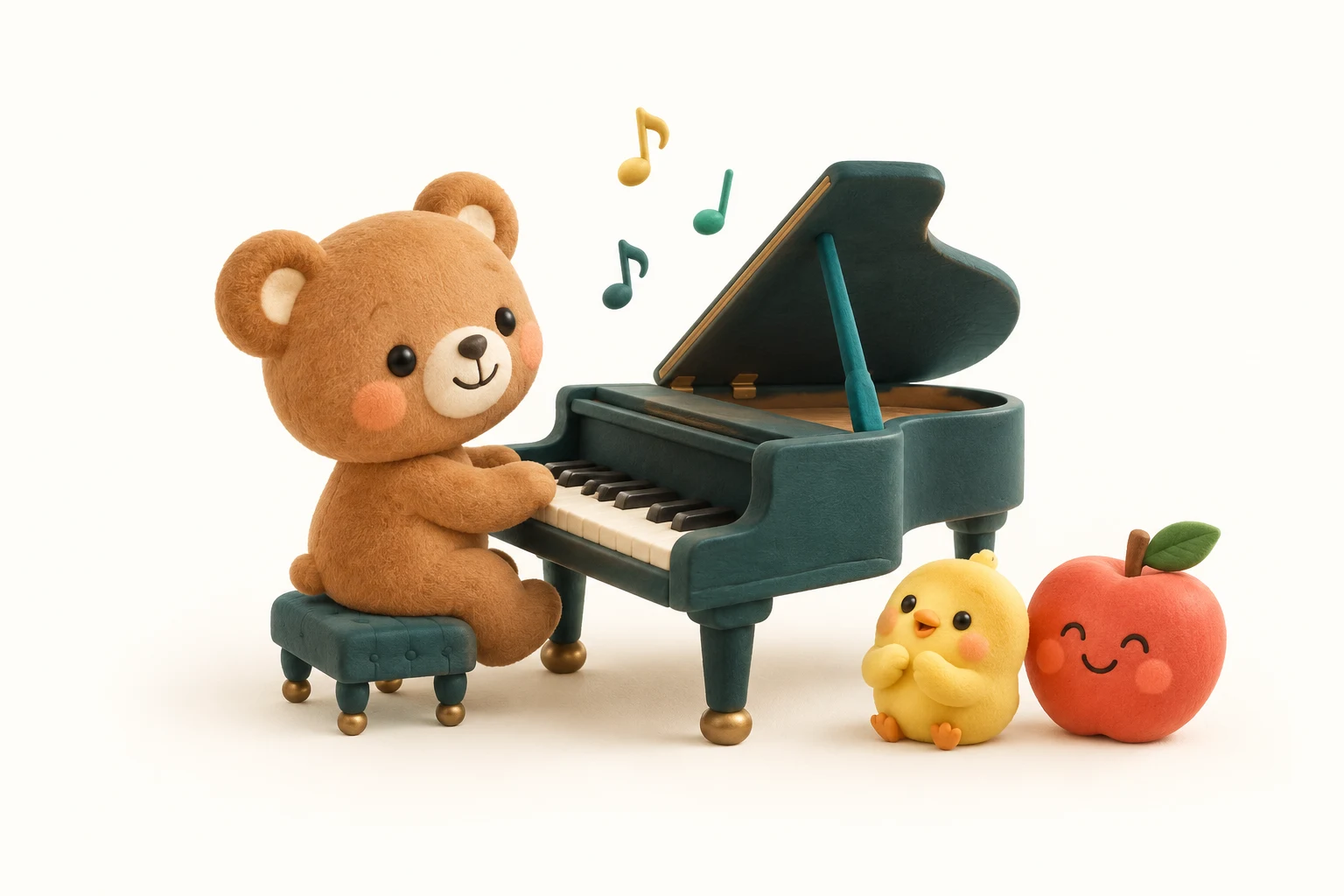 深緑のグランドピアノを弾くくまと、音を楽しむひよことりんご